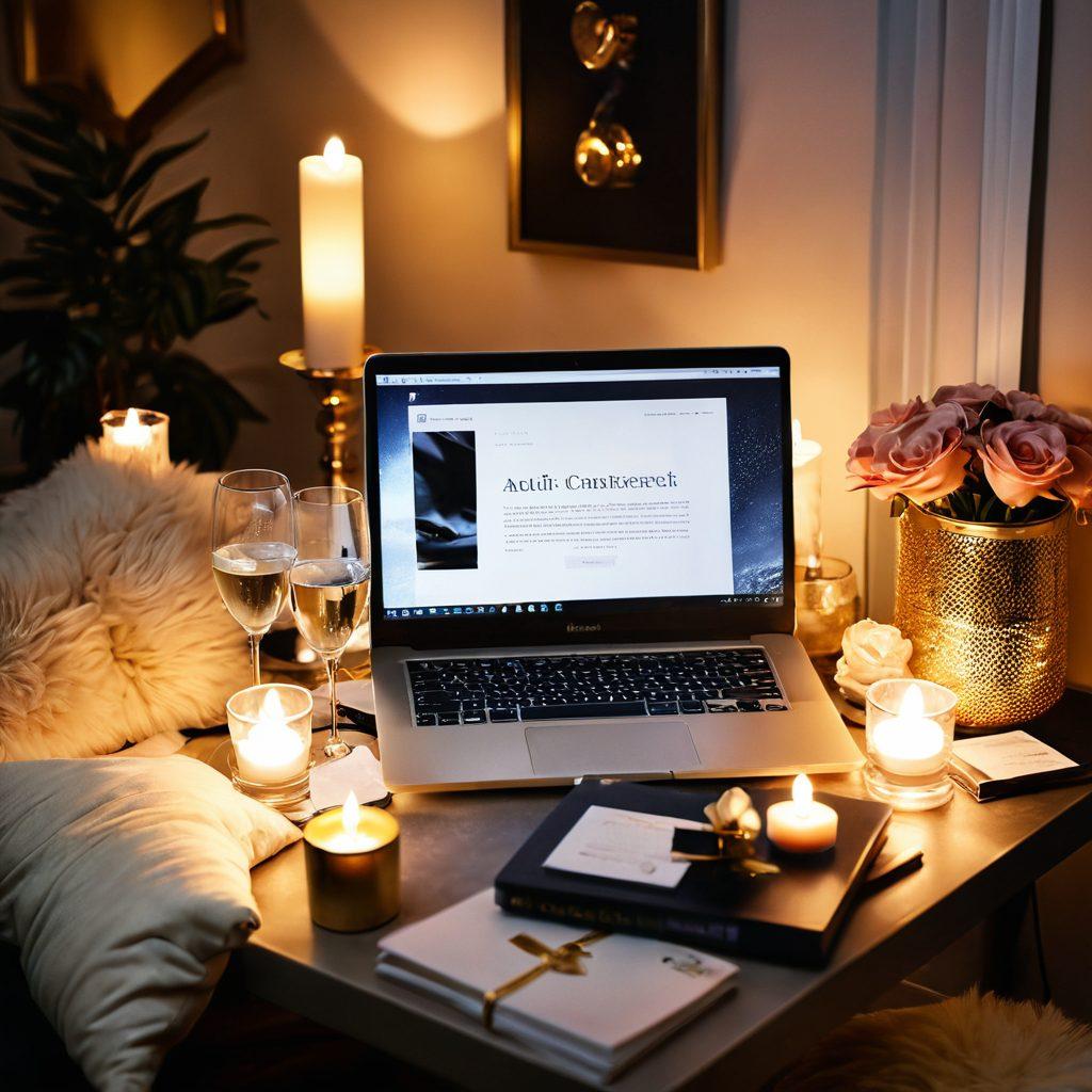 A seductive and stylish blogging workspace showcasing an elegant laptop with an open blog page featuring captivating adult content, surrounded by soft, ambient lighting, plush cushions, and tasteful decor suggesting intimacy and lifestyle. Subtle hints of champagne glasses and aromatic candles to enhance the sensual vibe, evoking a warm and inviting atmosphere. super-realistic. warm tones. soft focus.