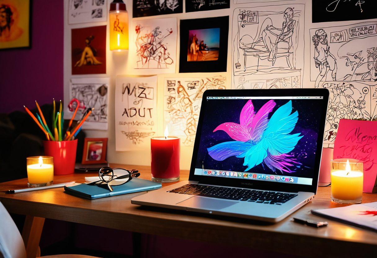 A creative workspace showcasing a laptop with an engaging adult media website on the screen, surrounded by artistic elements like sketches of erotic poses, colorful mood boards, and notes. Include candles, soft lighting, and sensual textures like silk and velvet in the background. Capture a sense of inspiration and artistry in the adult media niche. vibrant colors. warm lighting. 3D.