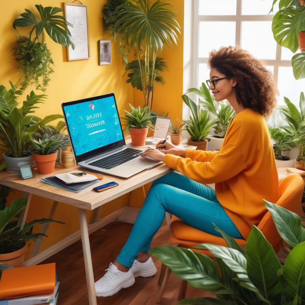 A vibrant illustration of a person enthusiastically writing on a laptop, surrounded by elements symbolizing adult lifestyle, such as luxurious items, travel destinations, and digital currency. The background features an inviting workspace adorned with personal touches like plants and inspirational quotes. Bright colors emphasize creativity and passion. super-realistic. vibrant colors. cozy atmosphere.